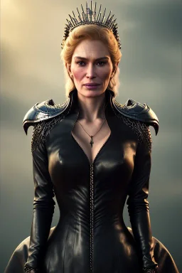 Cersei Lannister as evil queen in black leather coat, busty, cleavage, voluptuous, lena headay, angry, stern look. character design by cory loftis, fenghua zhong, ryohei hase, ismail inceoglu and ruan jia. unreal engine 5, artistic lighting, highly detailed, photorealistic, fantasy