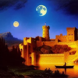 Drawing of 'Medieval Romanian Castle',mountain,lake,full moon, by gaston bussiere, greg rutkowski, yoji shinkawa, yoshitaka amano, tsutomu nihei, donato giancola, tim hildebrandt, oil on canvas, cinematic composition, extreme detail,fit full head inside picture,16k