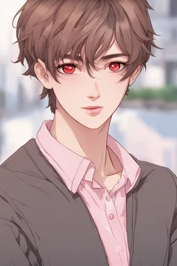 close up headshot portrait of beautiful 18-year-old man who looks like a girl, femboy, feminine, male, brown hair, red eyes, pretty body, perfect face, Wadim Kashin, James Gurney, amazing beauty, college campus background, has pink accents on clothes, anime style, 8k resolution, high definition