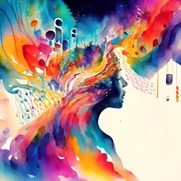 A watercolour painting, A person immersed in a surreal orchestra where musical notes and soundwaves blend with vivid colors and shapes. This artwork could represent the fusion of sensory experiences, blurring the boundaries between what they see, hear, feel, and imagine.