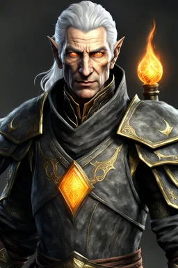 An old male altmer battlemage from Skyrim with golden-orange eyes, black-and-gray hair, authoritative