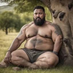 close up of a 38 year old marocan shepherd tattoed, sturdy, hairy muscular chubby, with short black beard and big nose, relaxes sitting leaning against a tree in the middle of a meadow full of grazing sheep, shirtless with ruined old shorts, strong and muscular hairy legs, bare feet, photorealistic bucolic scene,