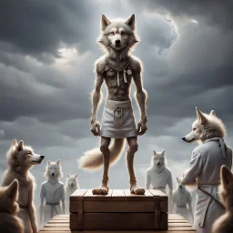 stands on top a wooden box a thin, young sad anthropomorphic wolf in full body hair with autentic wood-bone necklace hanging in his neck and in white belt , front him two older anthropomorphic wolves white Chef's Bib Snap Apron look at him, stormy sky, in blur background more different anthropomorphic wolves stand in body hair and looking them , realistic, detailed, cinematic, sci-fi, digital art, fantasy mood