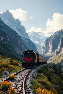 A train truck in stunning mountain landscape, mountain gorge, bright color palette, high detail, perfect composition, gcinematic shot, intricate details, hyperdetail.the collide with the anther train