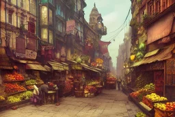 Canal A corner shop greengrocer in colorful varanasi street+Gothic city+BioShock+Dishonored+Bloodborne +trieste+Edinburgh+Chicago+victorian London+decòpunk Skyscraper+ +steampunk+biopunk+alphonse mucha, greg rutkowski,matte painting, cryengine, hyper detailed, felix kelly, fantasy art, seb mckinnon