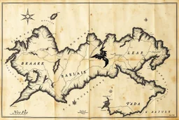 a scan of an ancient Cree land map of a fictional place, printed black and white but has since been stained and weathered