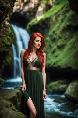 Close UP, delicate, cute, soft, skinny belly red haired Young lady, Green eyes , cave waterfall, medieval