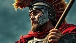 A movie poster of a Roman soldier low to up camera shots in the style of oil painting