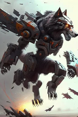 A fighting iron wolf with the ability to fly A war machine with all the tools