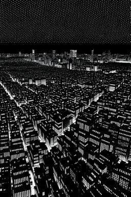 looking down on tokyo at night black and white in the style of hiroku ogai lookin at rooftops rfrom above