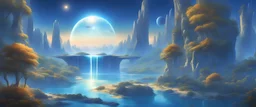 futuristic landscape, water falls uninhabited planet, faeric castels, shiny transparent domes, several suns, magnificent blue light, magnificent trees and nature, blue river and gold flowers over there with many stars bright, spatial vessel in the blue sky