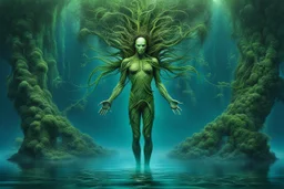 Ecological Art, plants, floating earths, long leaf tendrils, green colors and shades, in blue waters full body beauty mitical human-plants mutant meditates in stunning alien flora , cinematic, mistic mood