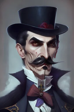 Strahd von Zarovich with a handlebar mustache wearing a top hat looking puzzled