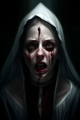 A horror digital realism portrait of a praying saint blind girl with gloomy eyes and bleeding mouth shouting her soul out