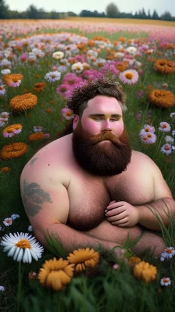 full figure photography, shy muscular big fat chubby, 35mm lens, burly italian man short hair, 28 years old sitting in the meadow with a flower in a hand, near a big farm , red short beard, , hairy armpits, manly armpits, ugly, manly chest, hairy chest, big shoulders, , huge belly, manly chest, shirtless, with boxer, emotive eyes looking at camera, photorealistic ,sunlight , ambient occlusion, side view, poetic composition, golden ratio