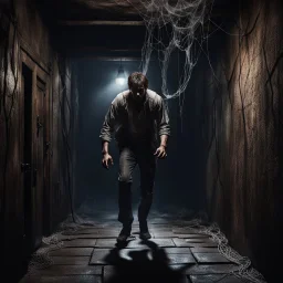 Hyper Realistic hostage man hanging on roof between dark hallway of a dungeon with cobwebs & dark rustic walls at night