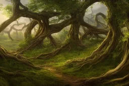 complex scene, mirkwood, beautiful scenic landscape, ancient wood, vines, roots, wide angle, super highly detailed, professional digital painting, artstation, concept art, smooth, sharp focus, matte, illustration, small minutiae, tiny features, particulars, unreal engine 5, photorealism, volumetric lighting, volumetric clouds, random placed sparse ground fog, uhd, 8k resolution, cinema 4d, 3d, beautiful, cinematic, art by artgerm and greg rutkowski and alphonse mucha and loish and wlop