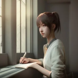 female student studying by the window, anime style,perfect face, cool face, unreal engine 5, cinema4d, sun light, studio lighting --ar 1:1 --v 4