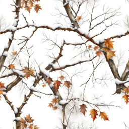 detailed Real Tree Camouflage made of sticks, twigs, tree bark, dried maple leaves, pine branches, snow and dirt, white background, seamless repeatable texture pattern imitating a natural forest background, add details