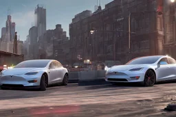 A Tesla 'Model Y' is racing at top speed, near the 'Pier 11' in Manhattan. (CINEMATIC, WIDE ANGLE LENS, PHOTO REAL)