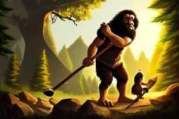 caveman holding a club, cave, cave bear, campfire, stone age, fine art, masterpiece, mellow, dawn, trending on artstation, fine detail,