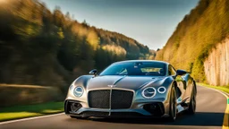 A sleek with livery (((luxury hypercar bentley))), its contours and details perfectly captured in a (((cinematic view))), zipping along a winding road under a beautiful blue fresh morning sky, rear view