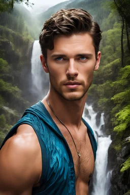 Beautiful man, blue eyes, 30 years old, fulfilling challenges inside the wild forest, facing danger, rain, snow, rocks, abysses, waterfalls, mountains, snakes, dinosaurs, bats