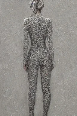 Full body portrait, painting, medium shot lady volumetric silver filigree