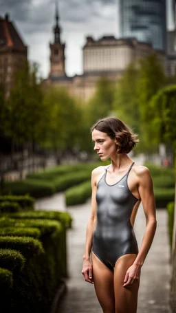 beautiful anorexic young woman, total shot, short shiny anthracite triathlon swimsuit, short brunette wavy bob hair, blurred city background