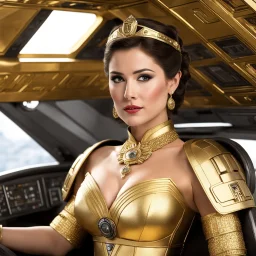 a Princess in gold driving the millenium falcon: Fake ad...BING AI hates "Golden Bikini Leia" a lot...so I wouldn't even bother to try it. I got the extra bad warning twice in a row.
