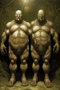 The full bodies of two fat old men , holding their hands together up , front view camera, decayed and rotting with grotesque proportions and imagery. surreal horror, biomechanical design, by hr giger and beksinski , fine lines draw