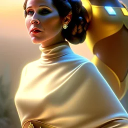 modern disney style, half-length portrait, three-quarter face pose of carrie fisher as Princess Leia with bald head, entrancing deep brown eyes, eos5d mark 4, ef 85mm 5.6, professional majestic photo realistic painting by Ed Blinkey, Atey Ghailan, by Jeremy Mann, Greg Manchess, Antonio Moro, trending on ArtStation, Intricate, High Detail, Sharp focus, dramatic, by greg rutkowski, realism, beautiful and detailed lighting,