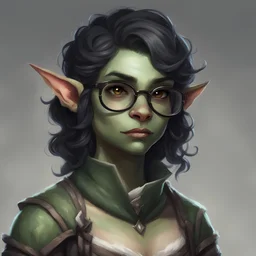 dnd, portrait of cute orc-elf hybrid femboy, black hair, curled hair, hair covering one eye, round glasses