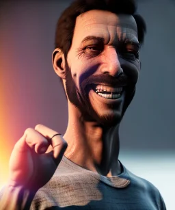 Realistic image, waist up view, a guy making the fuck you gesture with his hand, blue smoke coming out of his eyes, nose and mouth. Happy, smile, soft color, highly detailed, unreal engine 5, ray tracing, RTX, lumen lighting, ultra detail, volumetric lighting, 3d, finely drawn, high definition, high resolution.