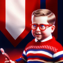 ralphie peter billingsley glasses, chubby boy in brownargyle sweater holding a bar of (red soap)