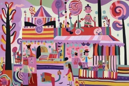 A pale pinkish lavender magical carnival made out of candy painted by Stuart Davis