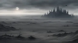 an apocalyptic flat landscape covered in dark gray dust. ancient battle field. skeleton. dragon bones everywhere. dark grey mist. dead ocean in the distance. seen from the ground. fantasy, horror. no trees