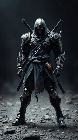 A centering dynamic view action showcasing the fusion of figma and Neumorphic elements, depicting a fully fantasy male black blood mecha-ninja. Its intricate mechanisms are driven by interlocking robes and complex fabrics casual outfit embedded throughout its massive figma frame. Stance on black mechtech battlefields abandone Dojo. no camera