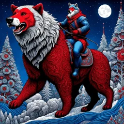 Wolf antropomorfico montado un oso gigante, arte lineal colores rojo, plateado, azul y blanco, maximalista, hiperdetallado