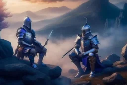 two medieval knights in armor sitting near rocks and smoking while looking at distant mountains with purple and blue distant mist and glowing mushrooms and plants around the soldiers