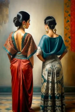 2 mexican woman painting neoclassism standing from the back whole body zoom out