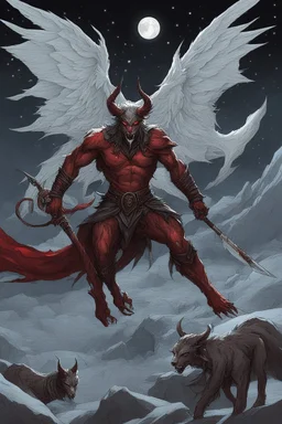 Under the blood red moon, they emerge— Azazel, Prince of Wrath, tall and proud, Flanked by his hounds, violent and grim. Born of flame, Azazel's skin smolders, Dark horns curl from his twisted brow, His wingspan blocks out the very stars. At his heels, the hellhounds follow, Coarse fur matted, teeth bared and snarling, Jaws that drip with sinners' blood.