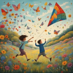 Long shot of Enthusiastic adorable Boy and girl flying kites in a grassy butterfly populated meadow, kinetic, wildflowers, Gond Painting, perfect composition, bright colors, gorgeous, subtleties beneath the surface, detailed background, moody