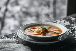 an old white plate of steaming soup, hig realistic, high contrast, sharp focus, gloomy mood, winter, blur background, perfect shot, perfect composition