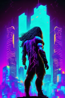 strong long haired mans silhouette on podium in neon cyberpunk cityscape