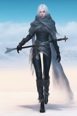 A female cleric dressed for the cold with a sword.