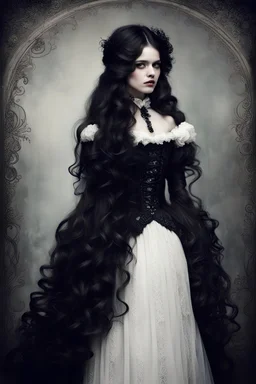 victorian gothic girl, white skin, beautiful wavy long black hair, Victorian dress