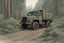 Military truck on a road, forest, overgrown apocalyptic, comic book,
