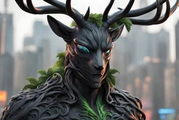 Black Shadow symbiote in 8k realistic anime e drawing style, human model, close picture, Deer them, neon color, crystal antlers deer, intricate details, highly detailed, high details, detailed portrait, masterpiece,ultra detailed, ultra quality