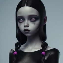 Jenna ortega black dress,soft goth libstick, wednesday addams family make up, brad double wig, addams family style, highly detailed, volumetric lighting, unreal engine, 8k